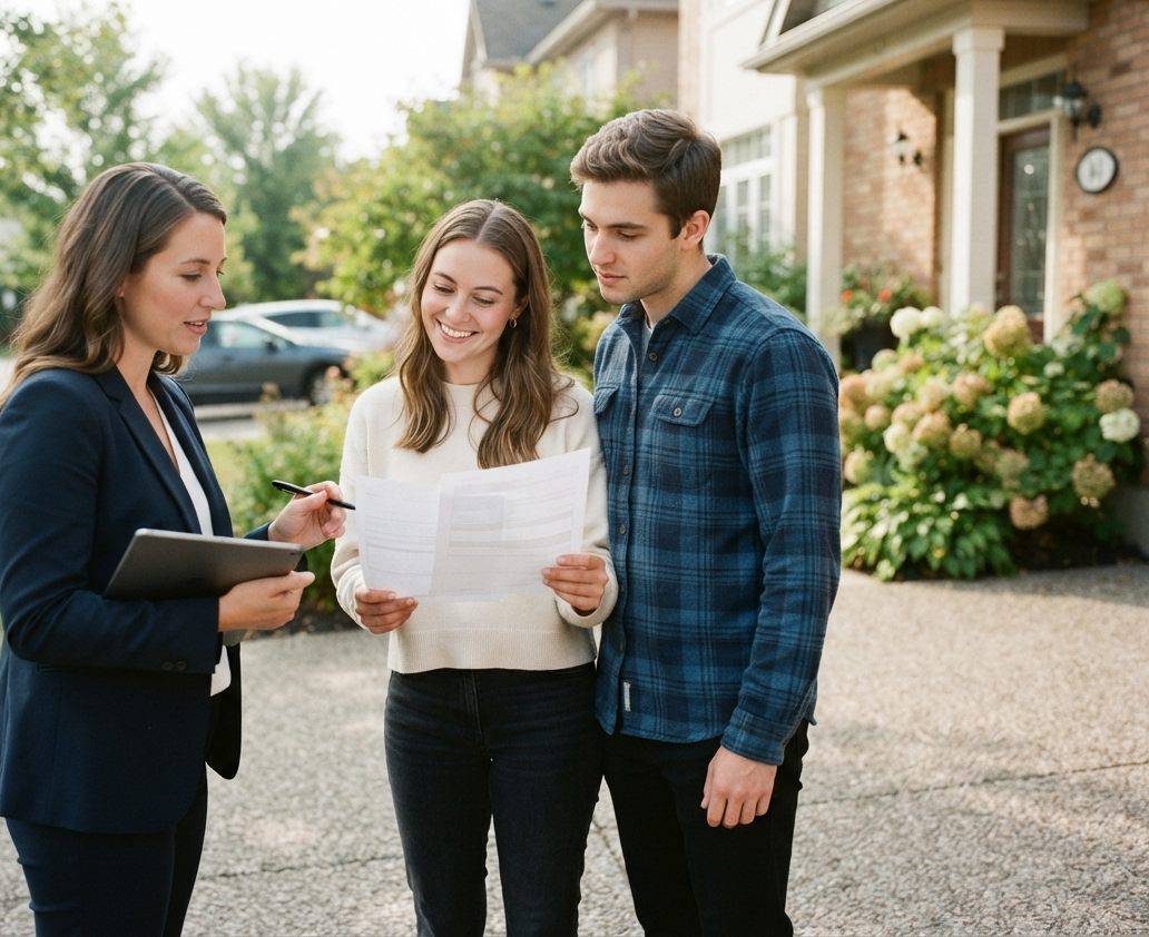 A couple reviews a home listing and mortgage paperwork together at their kitchen table.