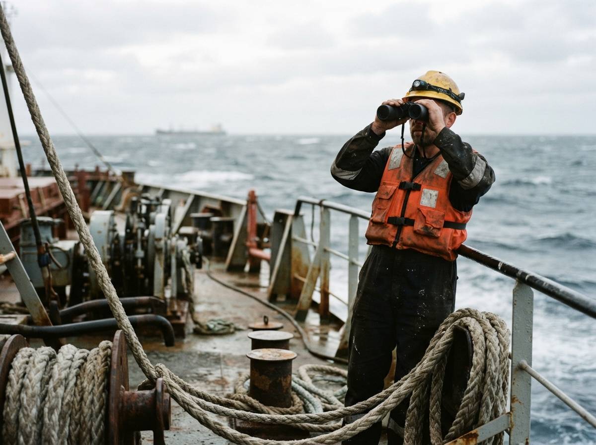 A crew member on a cargo ship's deck scans the horizon with binoculars under overcast skies.