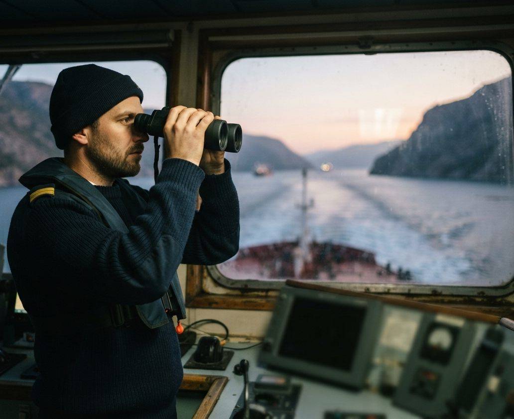 A crew member on a tanker's bridge watches the narrow strait passage at dawn.