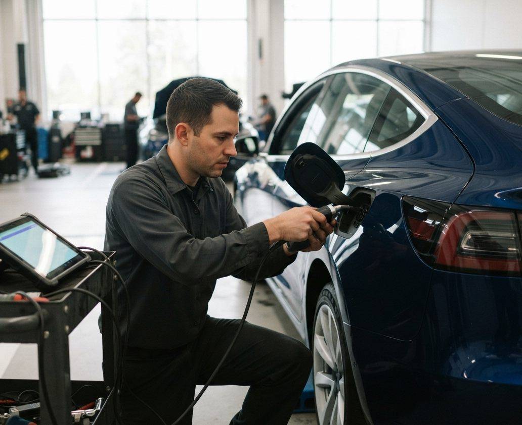 A customer and staff member standing beside a white Tesla sedan inside a sunlit delivery center.