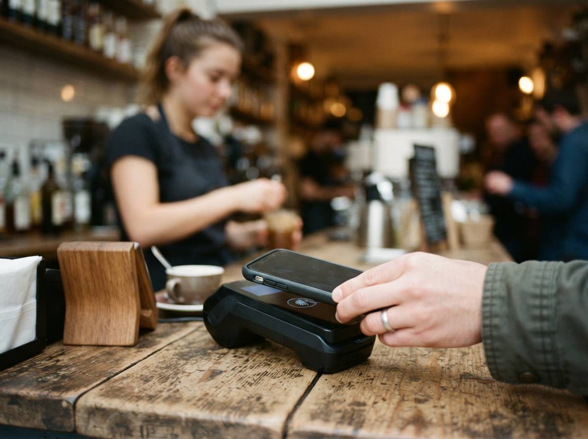 A customer taps a smartphone against a payment terminal to complete a contactless purchase.