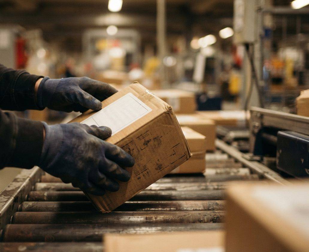 A customs inspector examines unmarked pill bottles found inside an imported package.