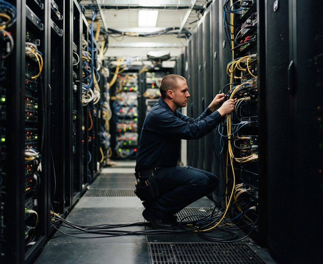 A data center engineer adjusts cables on a server rack surrounded by rows of computing equipment.