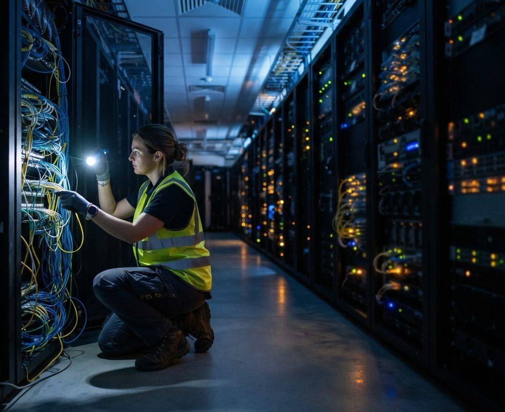 A data center engineer adjusts network cabling on a server rack.