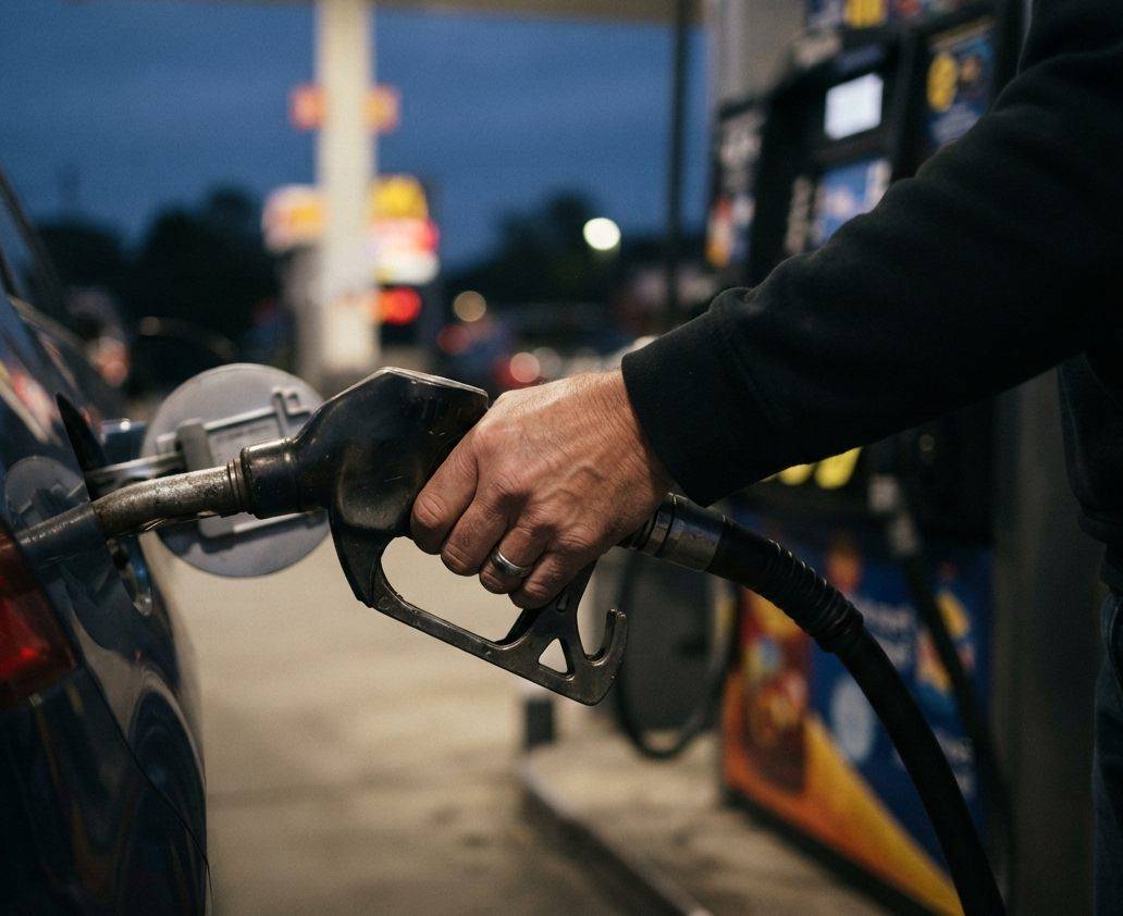 A driver at a gas pump with a Tesla charging station visible in the background.