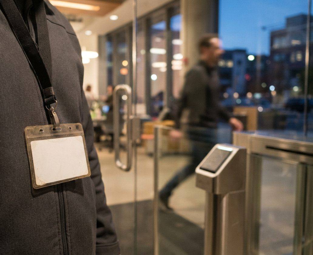 A employee badge and security reader near a glass office entrance at dusk.