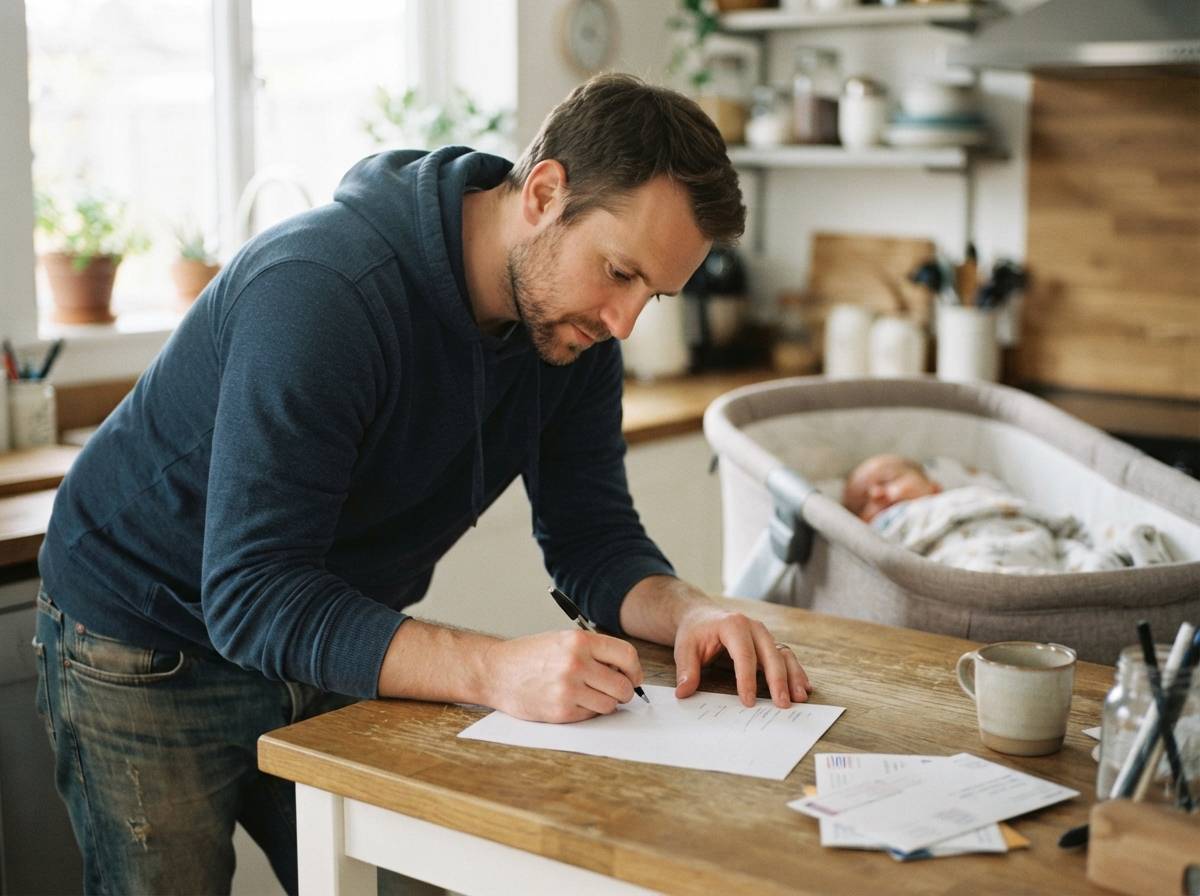 A father signing a government form at home with a sleeping baby nearby.
