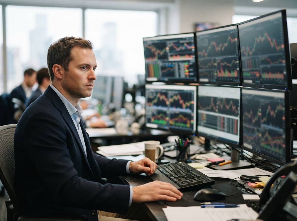 A financial analyst reviews stock charts on a computer screen at a desk with natural light.