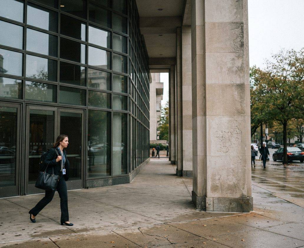 A government building facade photographed in daylight with pedestrians passing by.