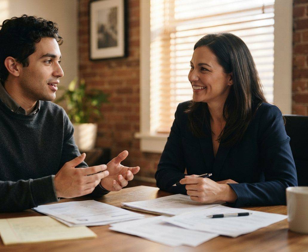 A job seeker shakes hands with a recruiter at a job fair table.