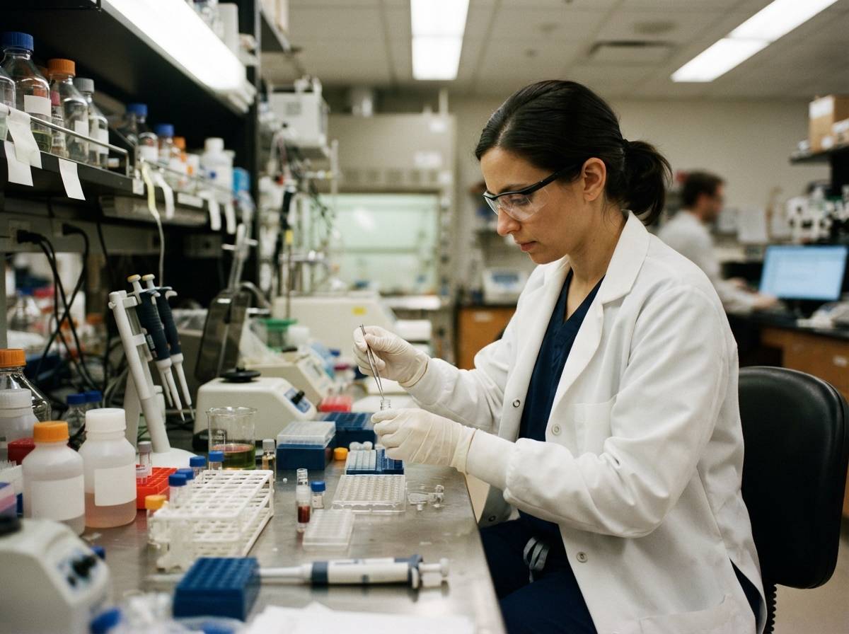 A lab researcher in a white coat handles vials on a laboratory bench surrounded by clinical equipment.