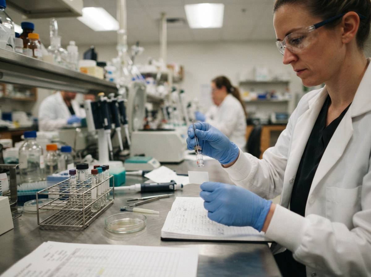 A lab technician in a white coat handling vials and documents at a clinical research bench.