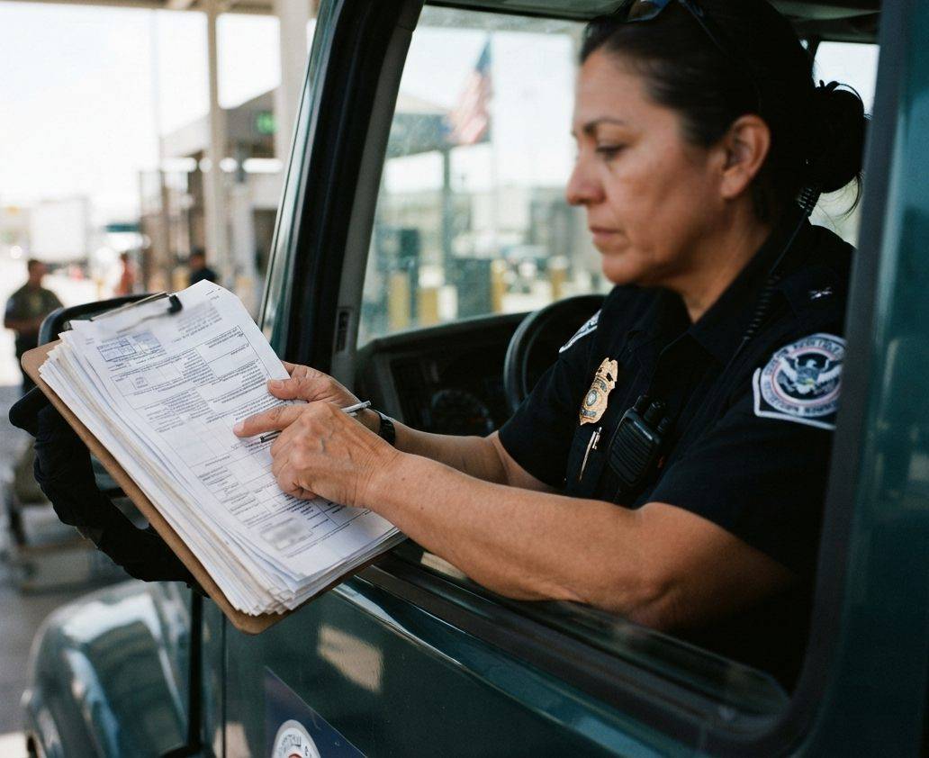 A logistics worker reviews trade compliance paperwork at a desk near a shipping dock.