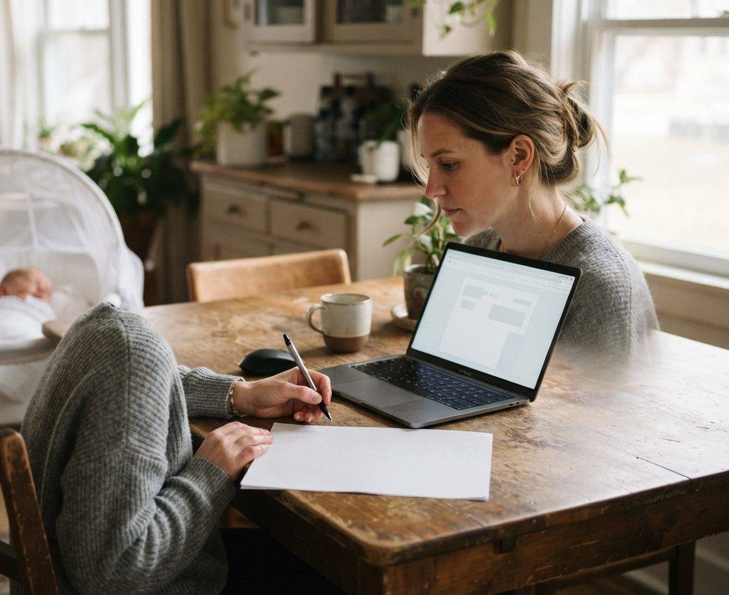 A parent fills out paperwork at a kitchen table beside a laptop while a newborn sleeps nearby.