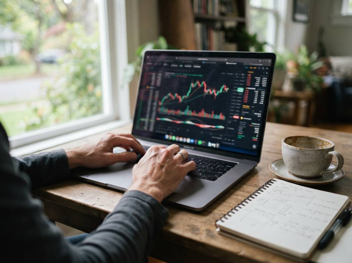 A person checks a cryptocurrency app on their phone at a kitchen table with a laptop nearby.