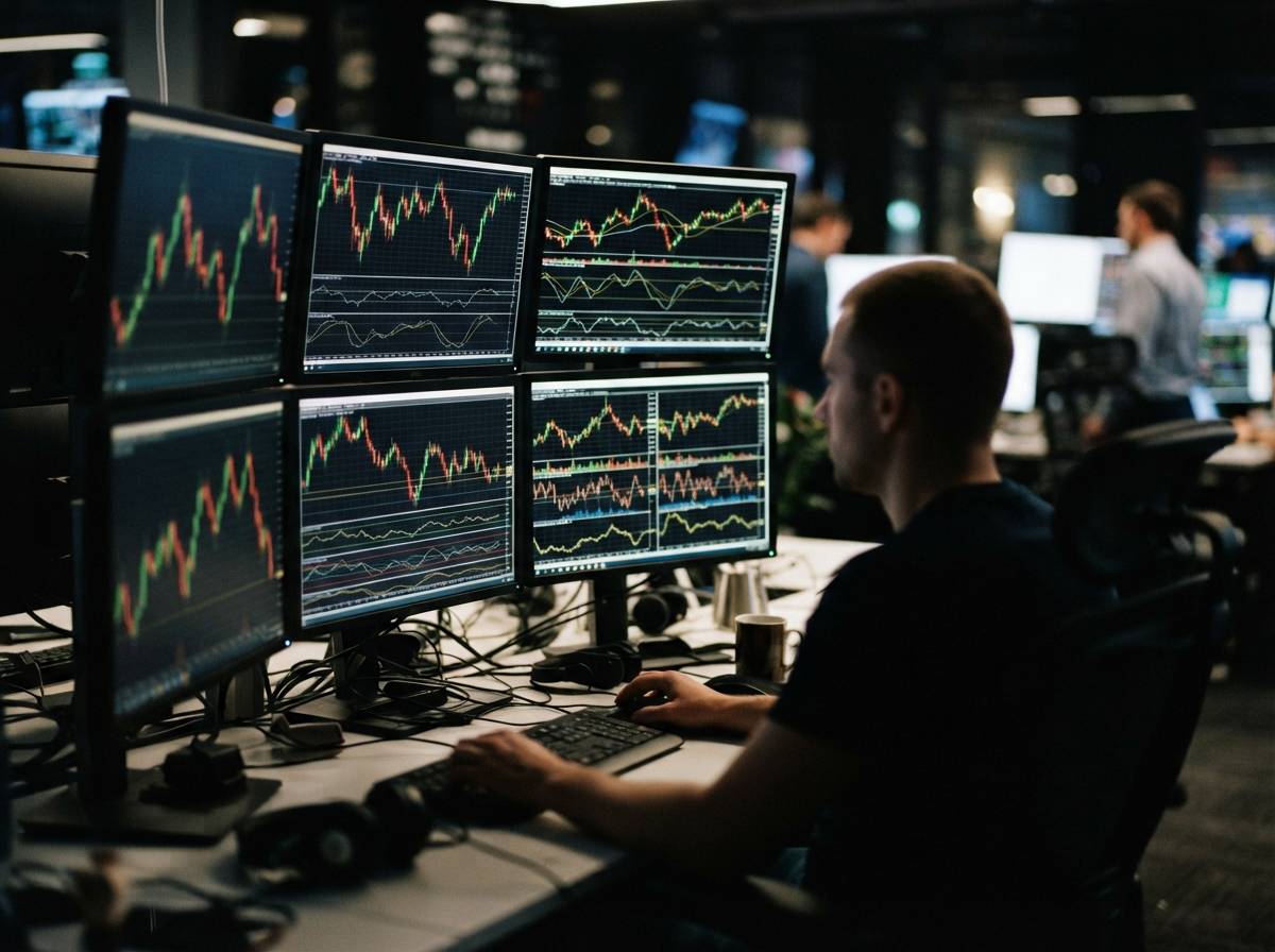 A person checks cryptocurrency price charts on a smartphone at a desk covered with financial documents.