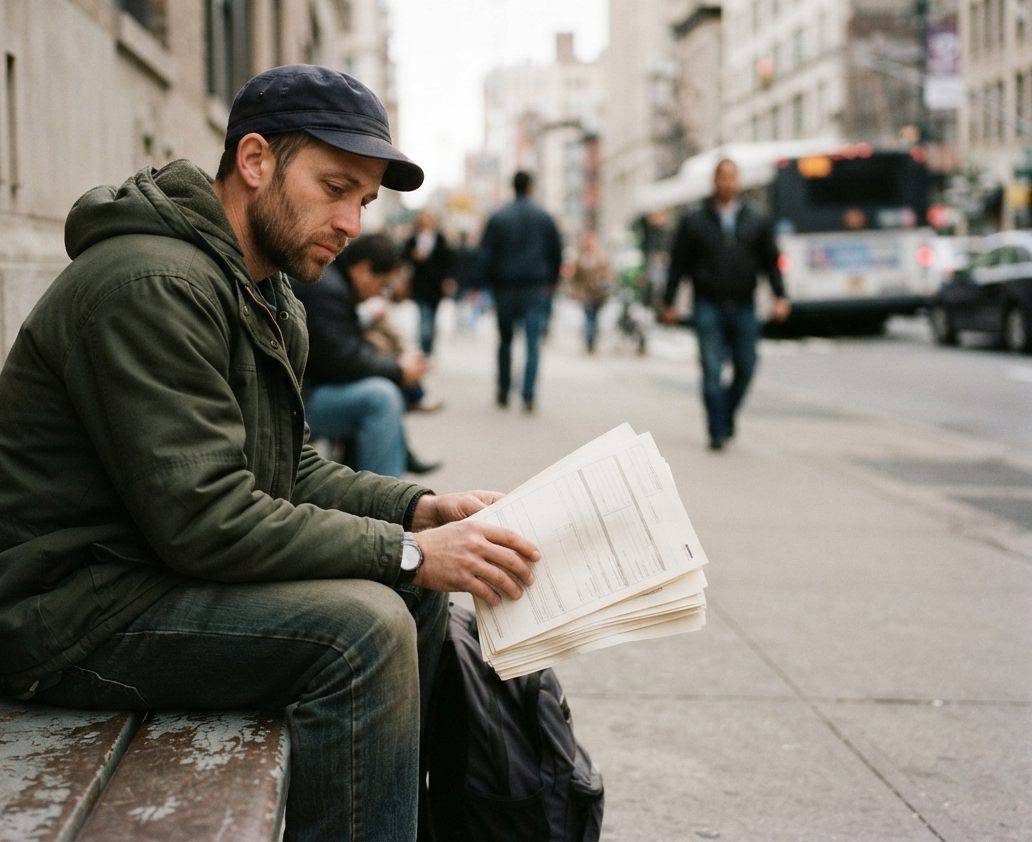 A person sits outside an unemployment office holding paperwork while waiting.