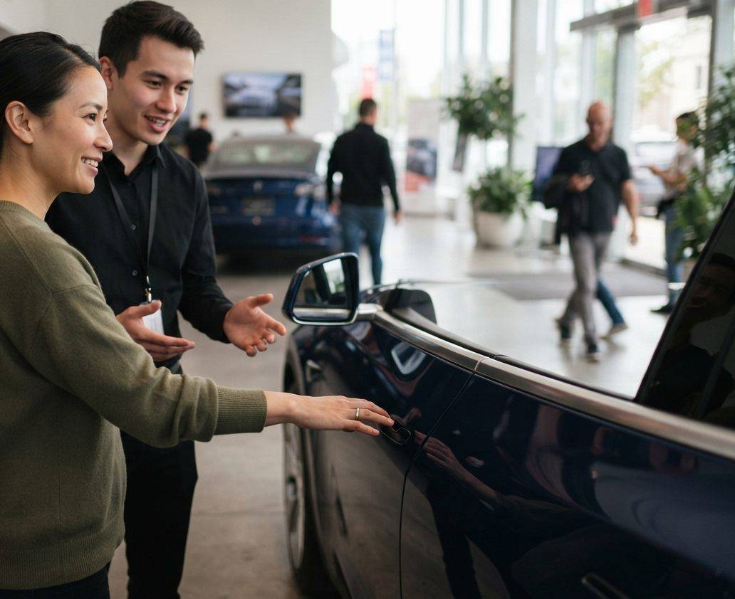 A salesperson showing a Tesla Model Y to customers inside a bright showroom.