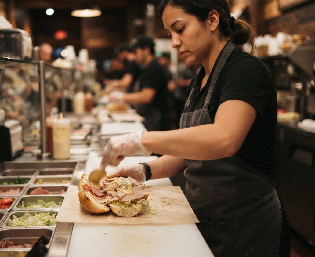 A sandwich shop employee hands a wrapped sub across the counter to a customer.