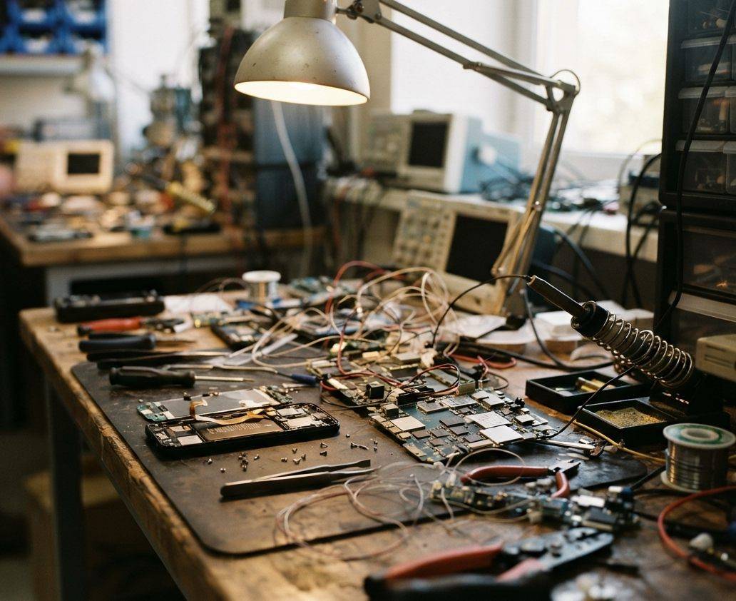 A smartphone resting on a desk near design sketches and small hardware prototypes.