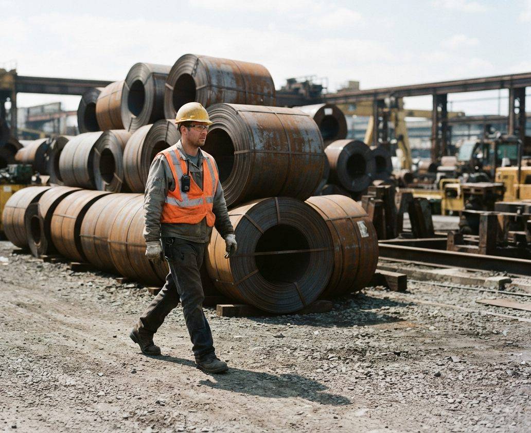 A steel worker walks past stacked steel coils at a North American manufacturing yard.