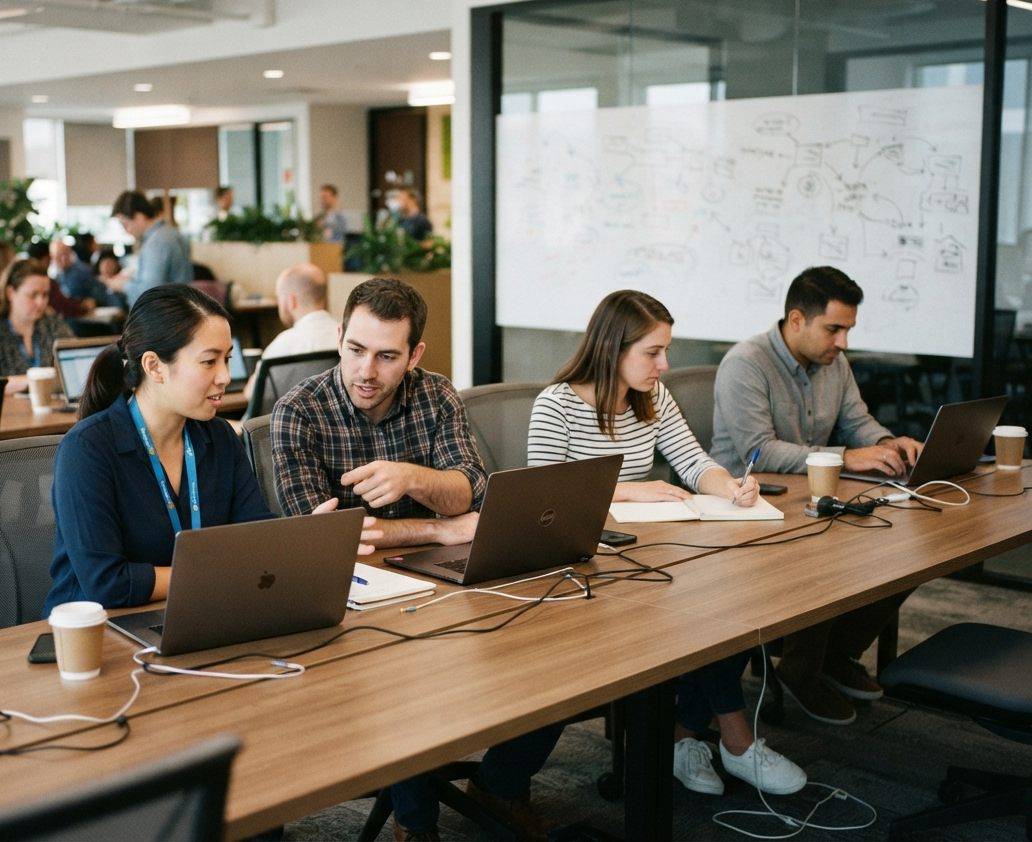 A team of engineers huddle around a laptop and whiteboard discussing an AI deployment project.