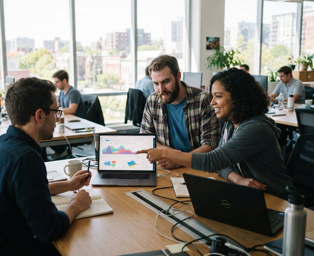 A team of engineers reviews cloud software on laptop screens in an office.