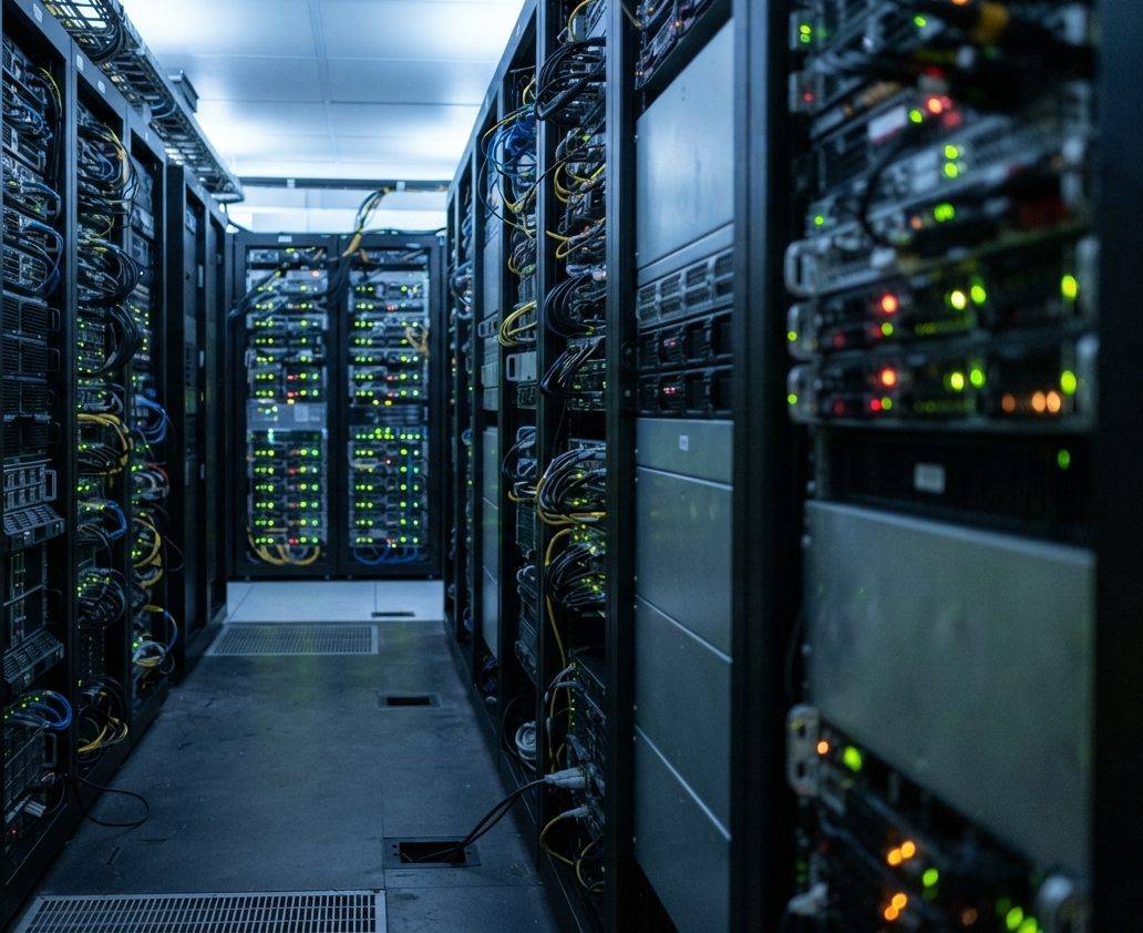 A technician adjusts network cabling on a server rack inside a data center.
