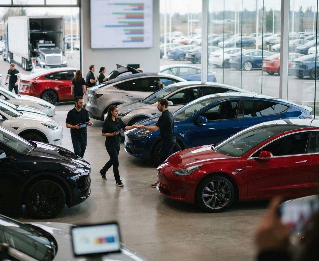 A technician checks a tablet while a Tesla Model Y is unloaded from a transport truck.