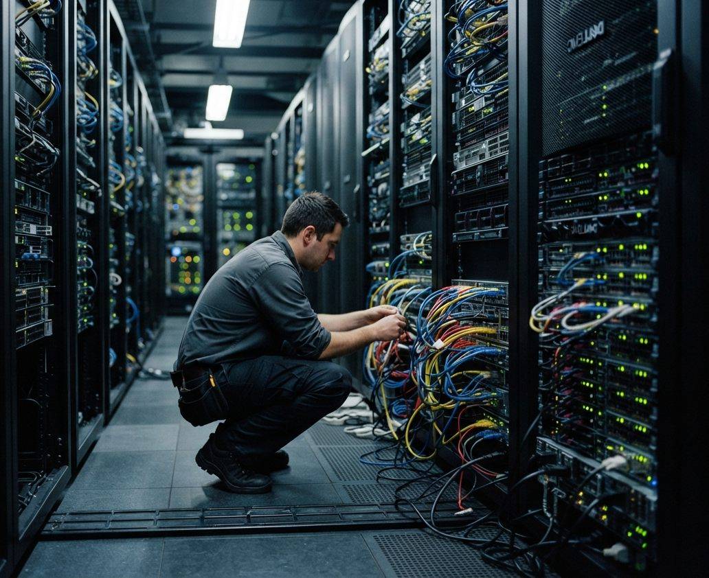 A technician checks server rack cables inside a data center aisle.