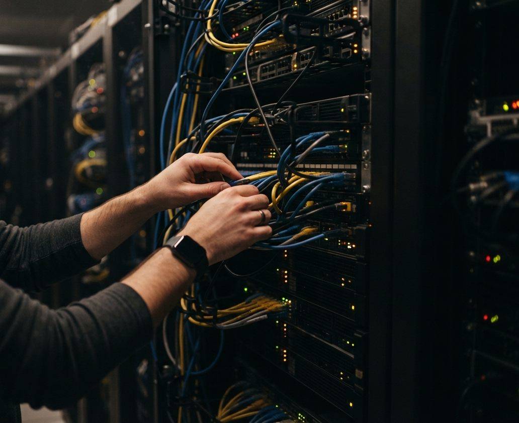 A technician connects fiber optic cables into a data center server rack.