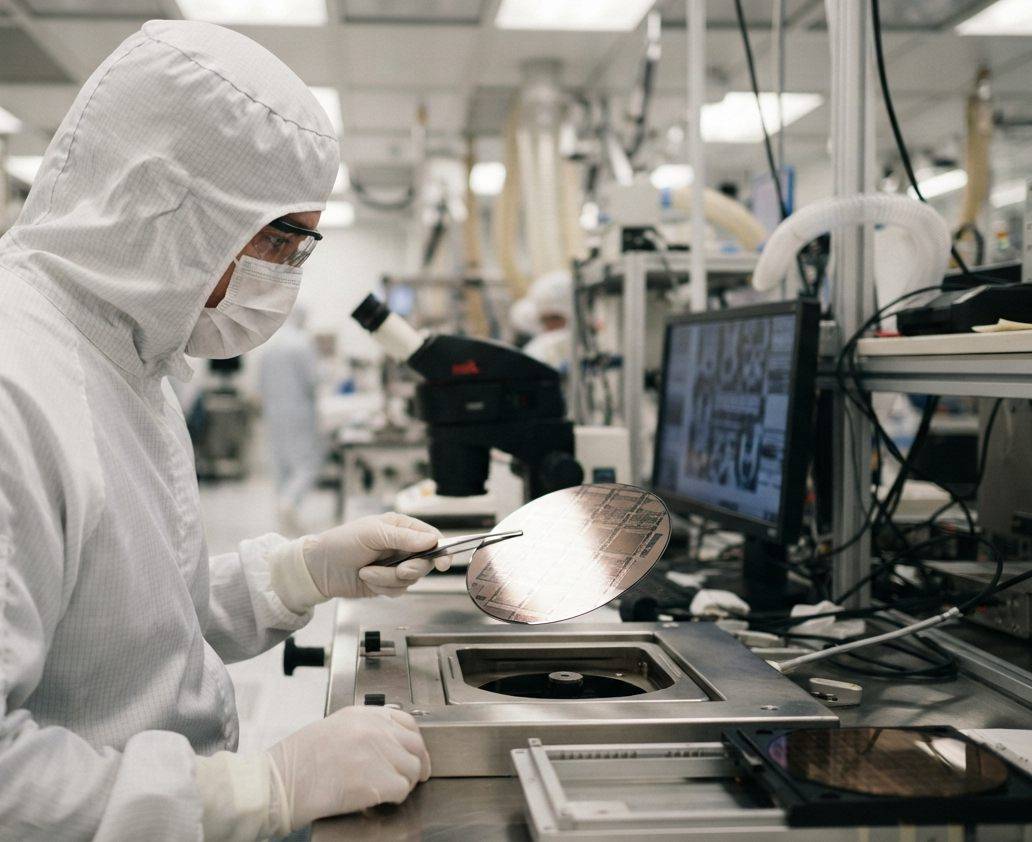 A technician in a cleanroom suit inspects a silicon wafer inside a chip factory.