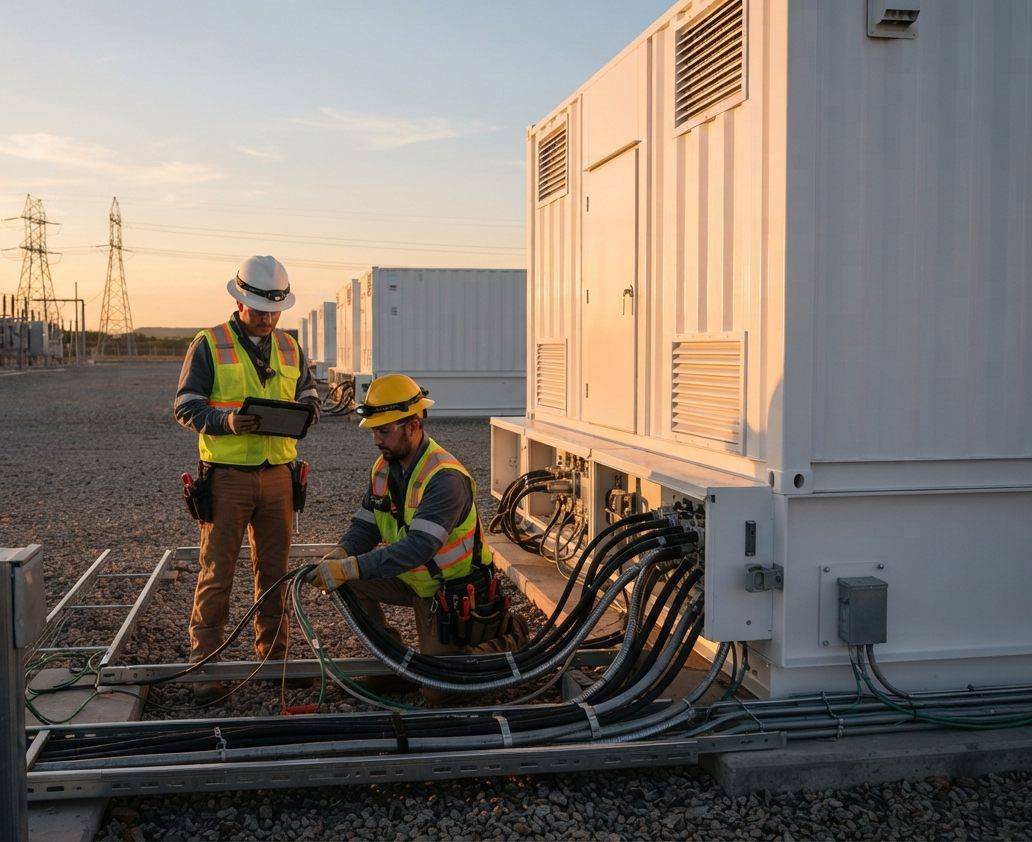 A technician inspecting a Tesla energy storage unit inside a facility.