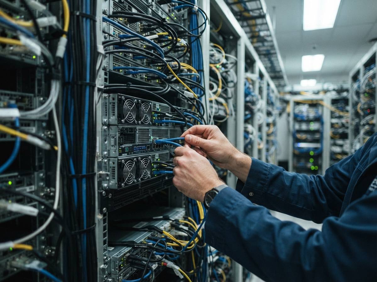 A technician inspects rows of AI server racks inside a manufacturing facility.