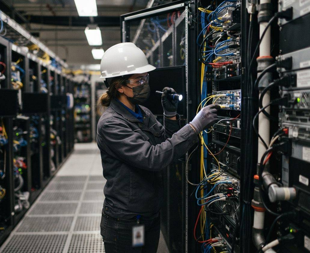 A technician inspects server racks inside a data center server room.