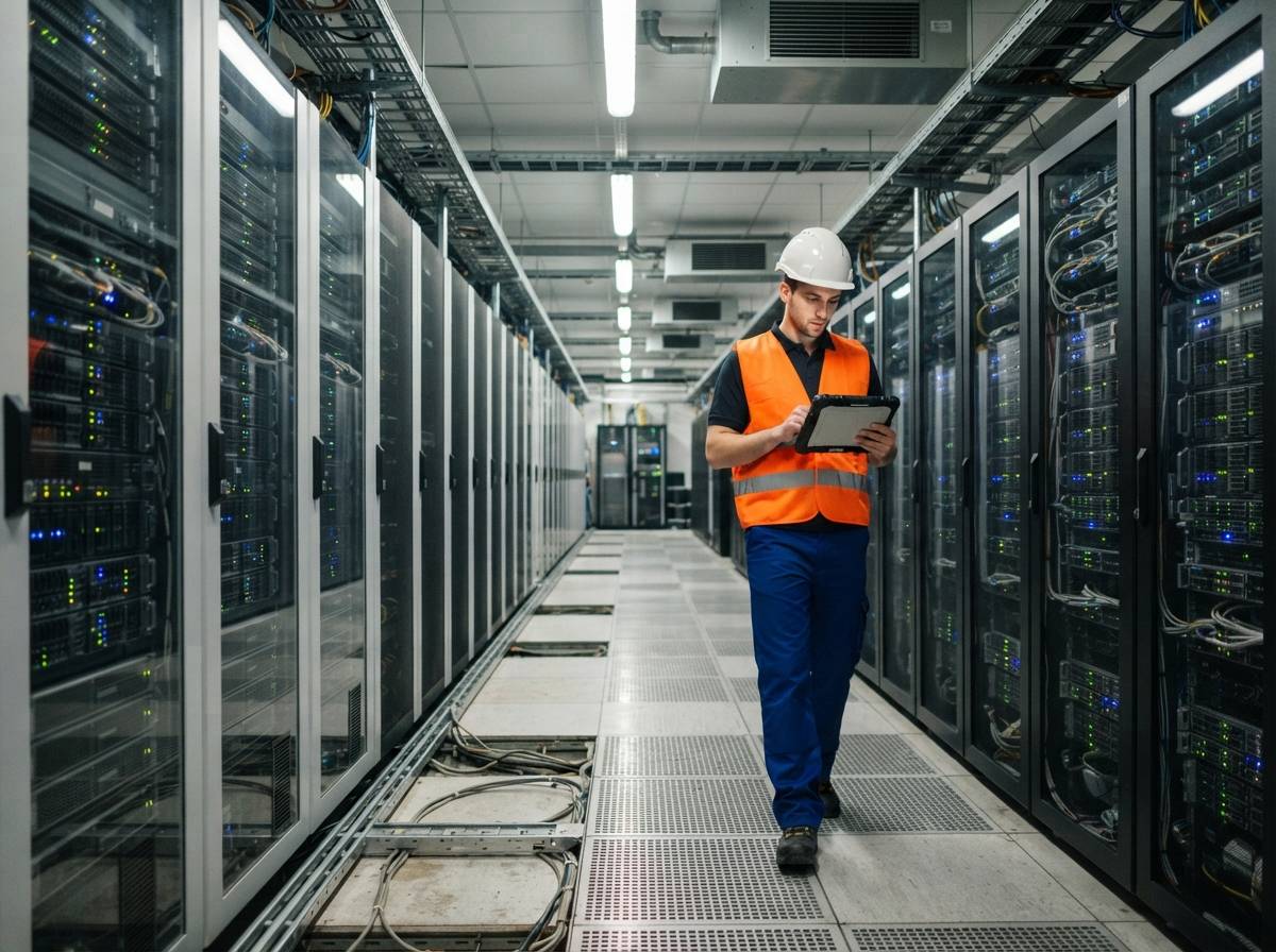 A technician inspects server racks inside a data center while holding a tablet.