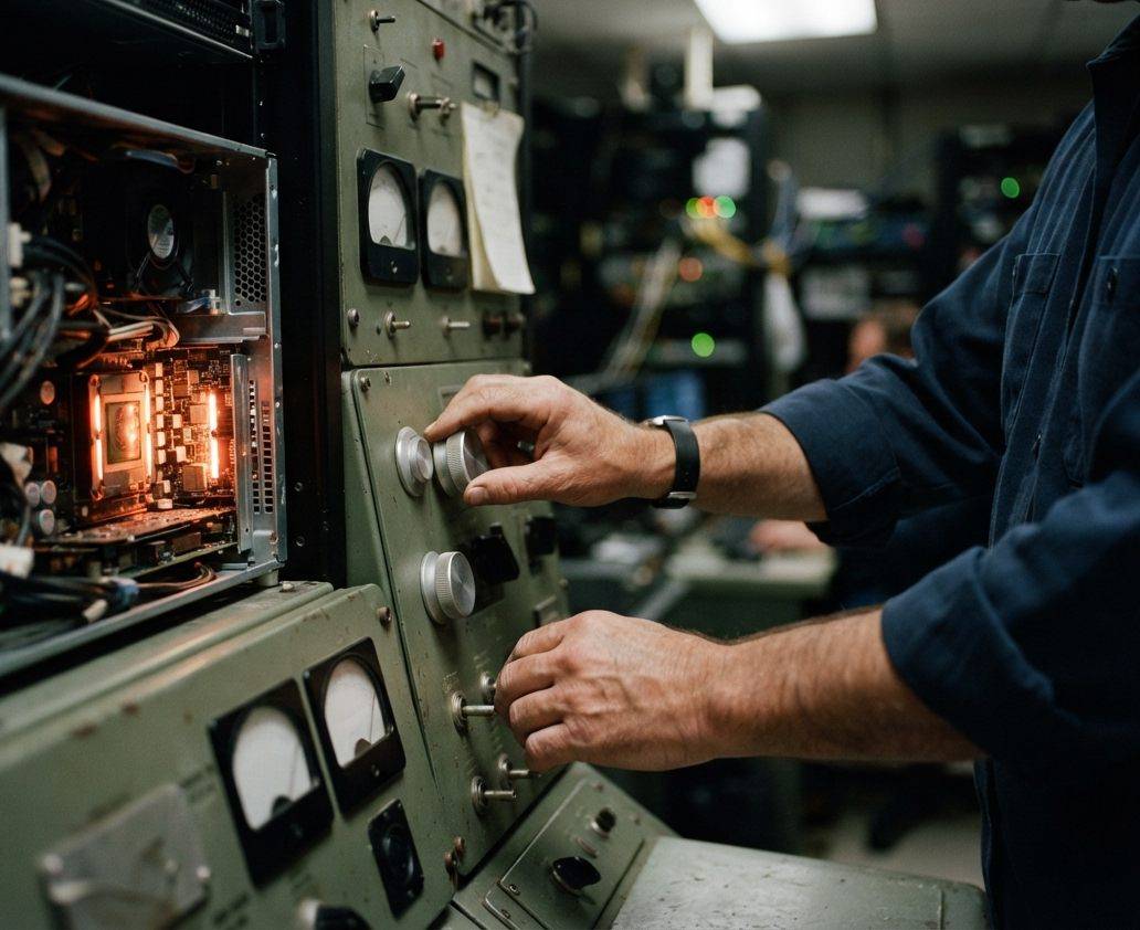 A technician monitors control room equipment connected to server hardware.