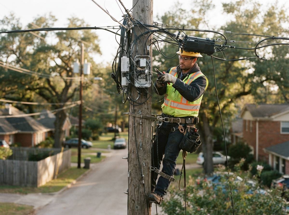 A telecom technician installs fiber optic cable lines from a bucket truck on a suburban street.