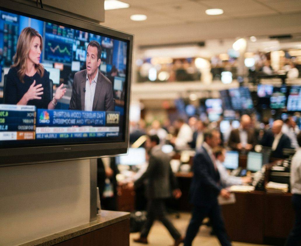 A television screen showing financial news in a busy office lobby.
