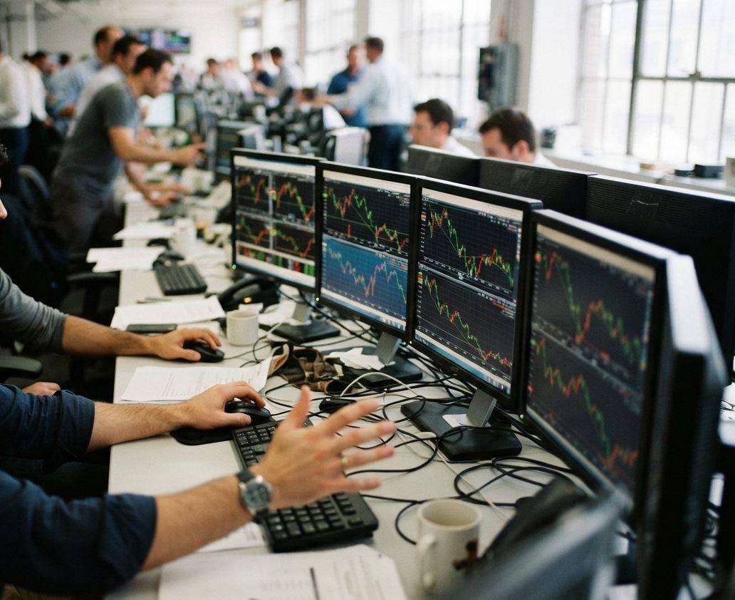 A trader studies crude oil price charts on multiple computer screens.