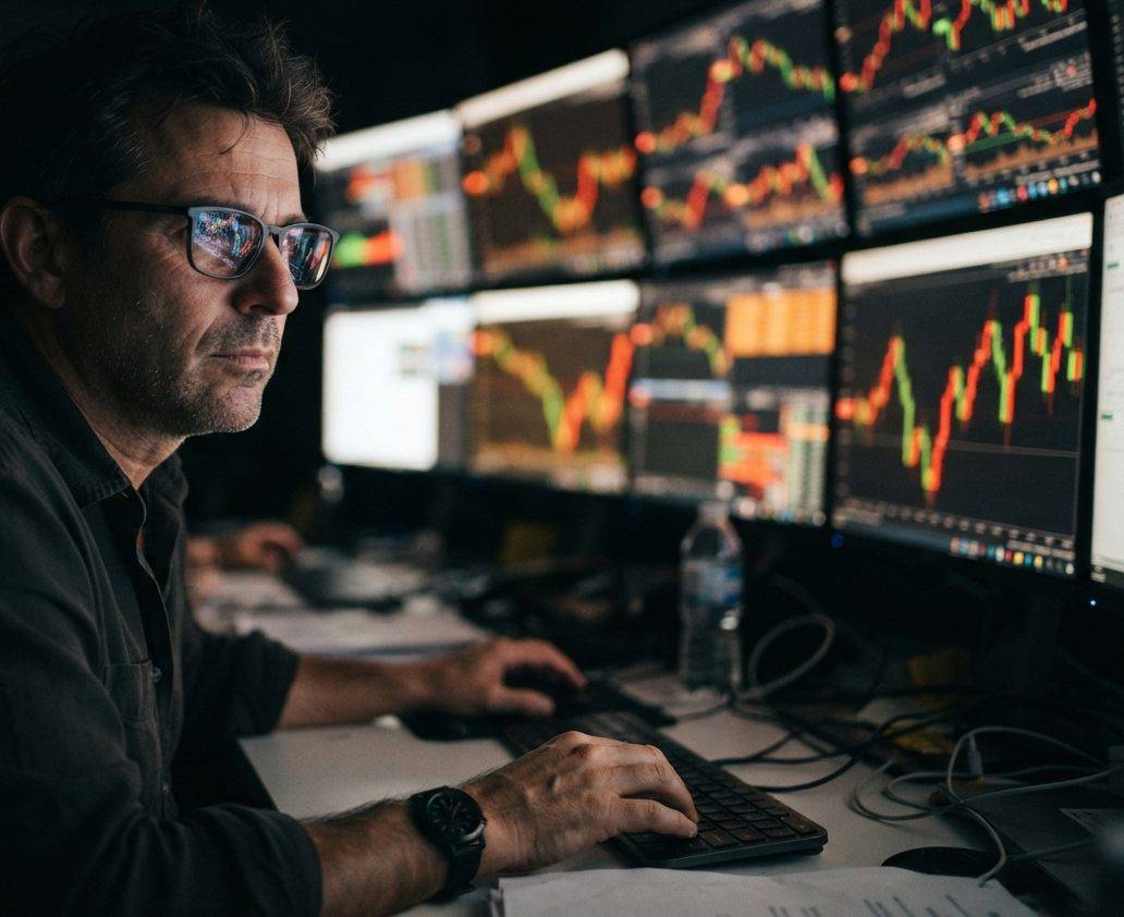 A trader studies multiple monitors showing crude oil price charts at night.