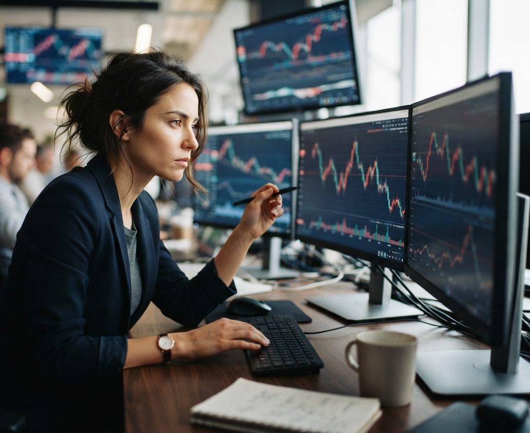 A trader studies stock charts on multiple monitors at his desk in late afternoon light.