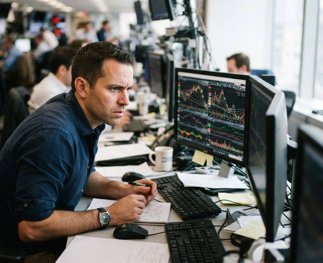A trader studying volatile stock price charts on a monitor in an office.