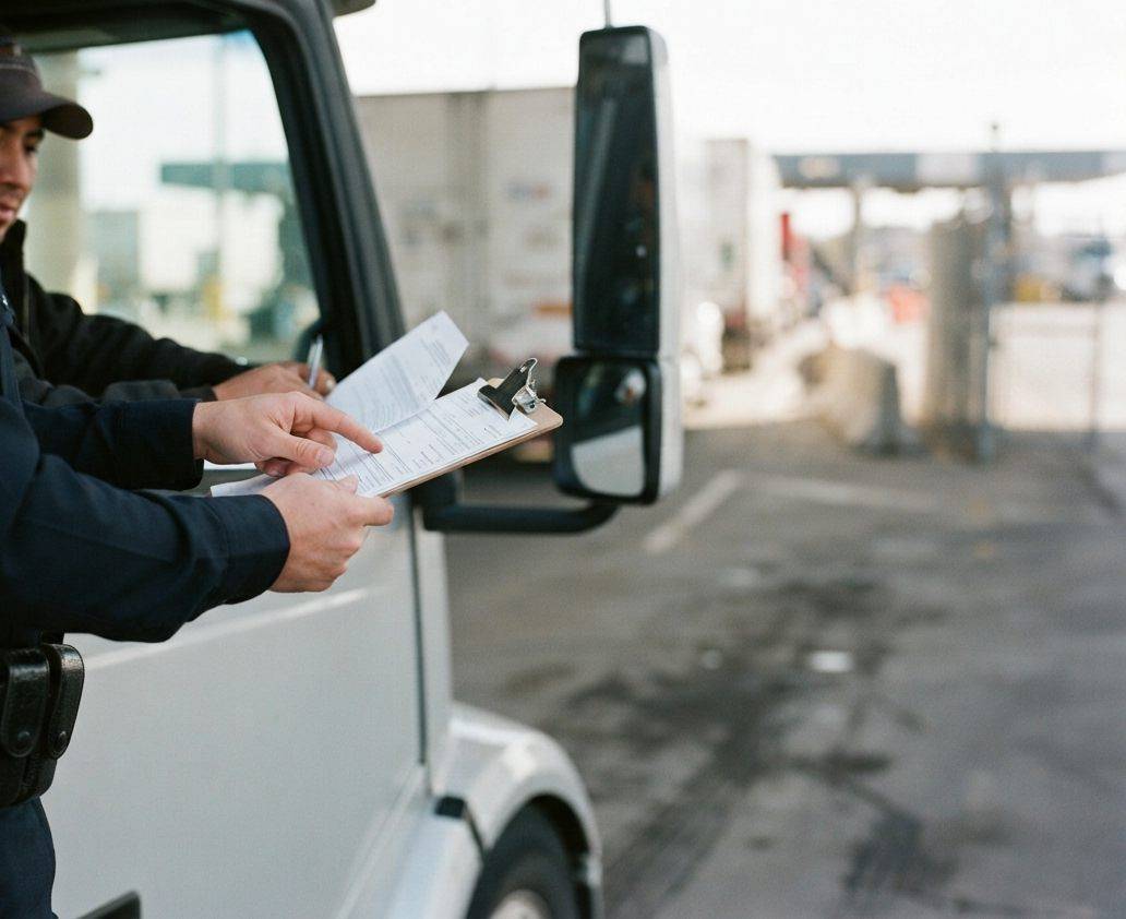 A truck driver reviews paperwork beside his rig at a border customs inspection lane.