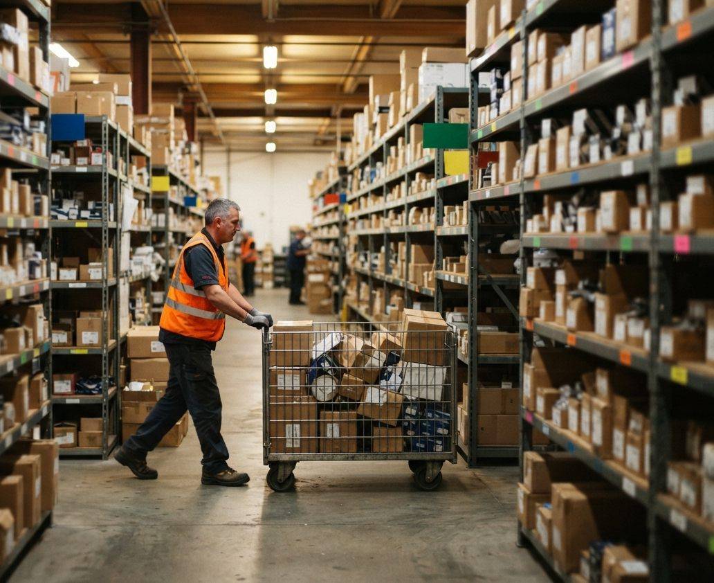 A warehouse worker scanning inventory among shelves of boxed auto parts.
