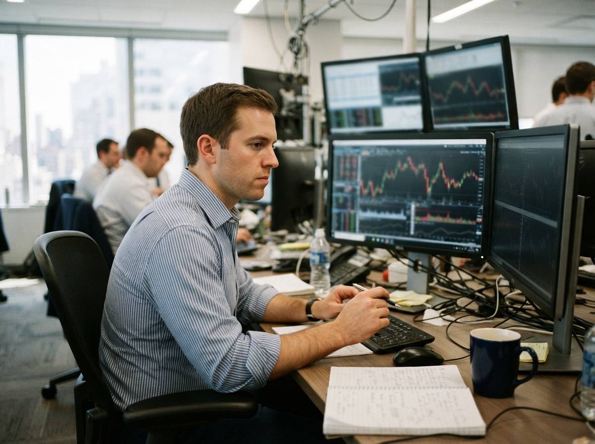 An analyst reviews bond market and stock data on multiple computer screens in an office.