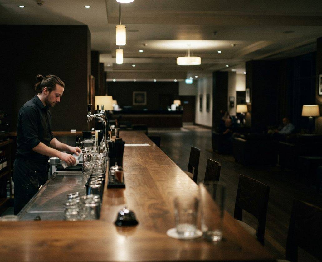 An employee working alone in a quiet restaurant kitchen during a slow shift.