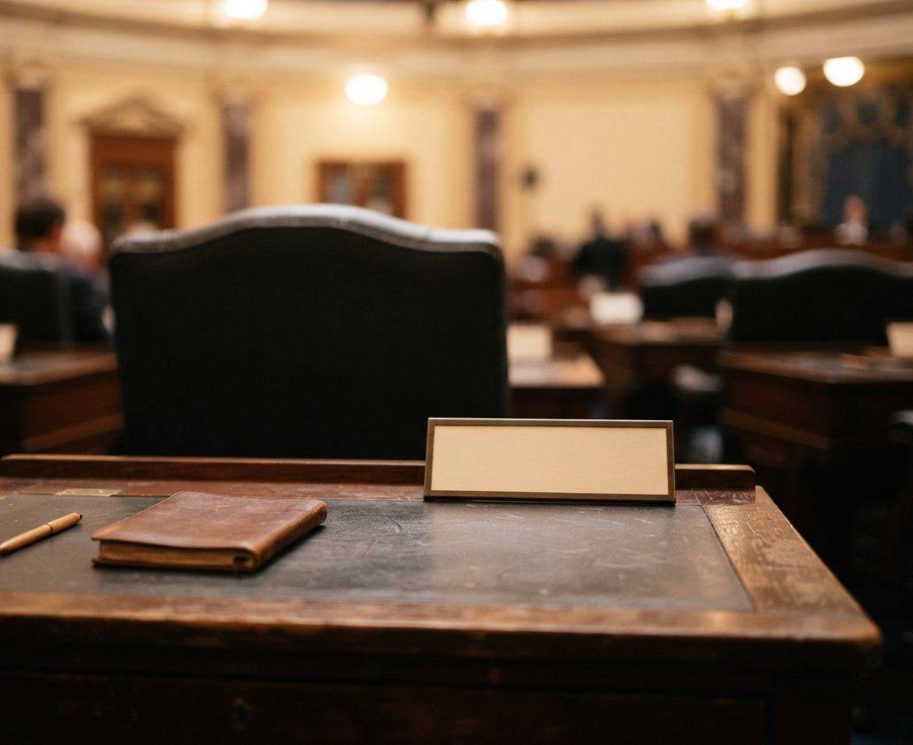 An empty senator's desk and chair on the floor of the U.S. Senate.