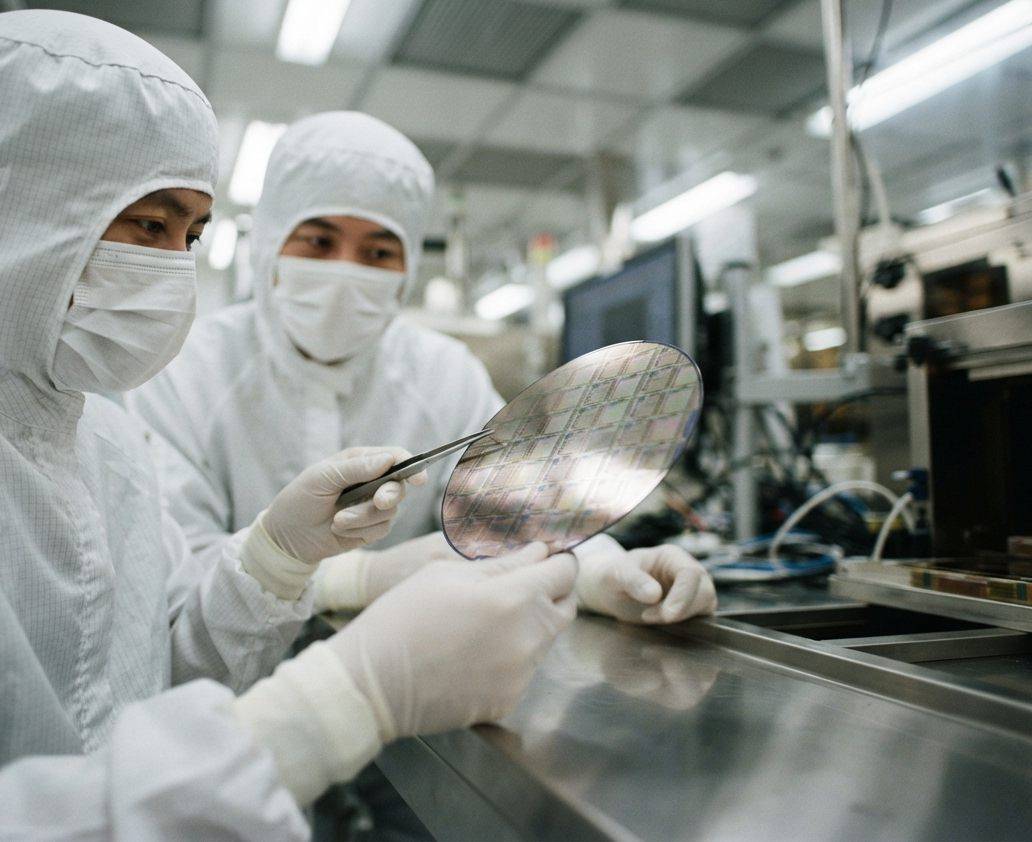 An engineer in a clean room suit examining a silicon wafer under bright lighting.