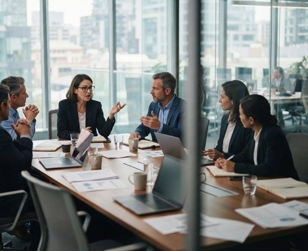 Bank executives discuss cross border payment plans during a meeting in a glass conference room.
